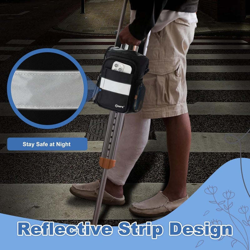 MFE Crutch Accessories Bag - Water-Resistant Organizer Pouch with Cup Holder, Zippered Pockets & Reflective Strips - Universal Tote for Underarm Crutches, Adults & Seniors, Black - Image 5